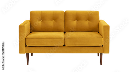 Isolated comfortable modern mustard yellow two-seater upholstered sofa on wooden legs