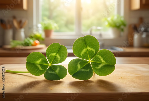 Good luck and fortune concept, fresh green clover leaves on a wooden kitchen cutting board with soft morning sunlight in a home interior background