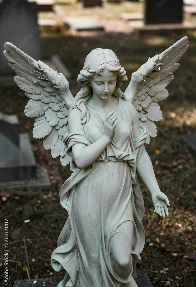 Fototapeta premium Grief and mourning concept, stone angel statue with wings in a cemetery for funeral services, memorial tribute and remembrance of the deceased
