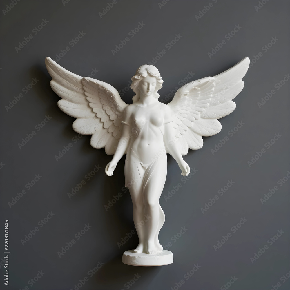 Fototapeta premium Spirituality and religion concept, white angel statue with spread wings on a dark grey wall for interior design and spiritual healing background decor