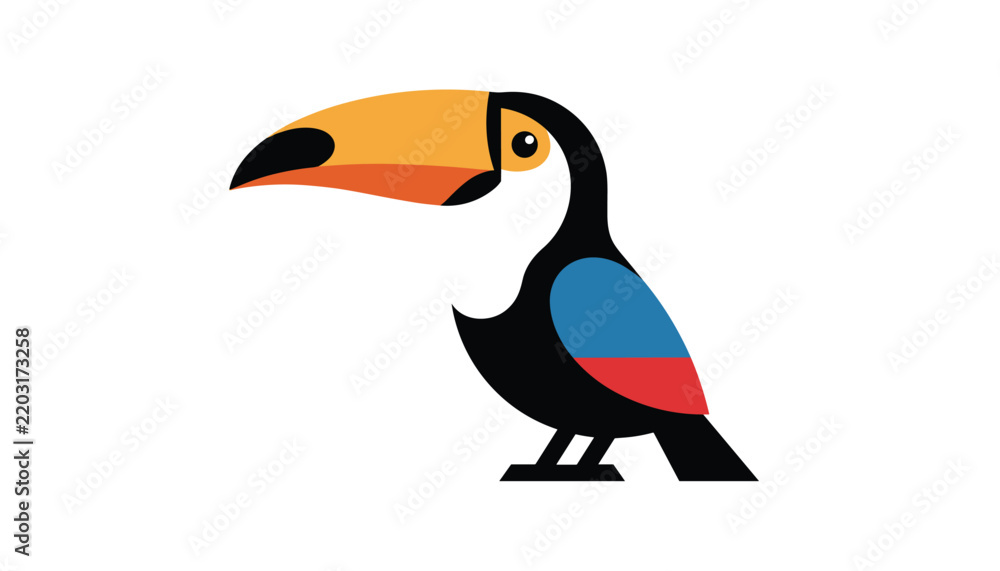 Obraz premium Vibrant and modern vector illustration of an exotic toucan bird with a massive colorful beak and blue wings.