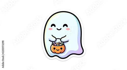 Cute Friendly Halloween Ghost with Treat Bucket Sticker on White Background
