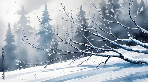Snow-laden bare branch in a misty winter forest watercolor landscape.