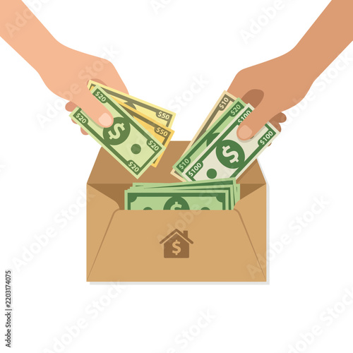 Hands Putting Money into a Cardboard Box for Home Savings and Real Estate Investment Fund