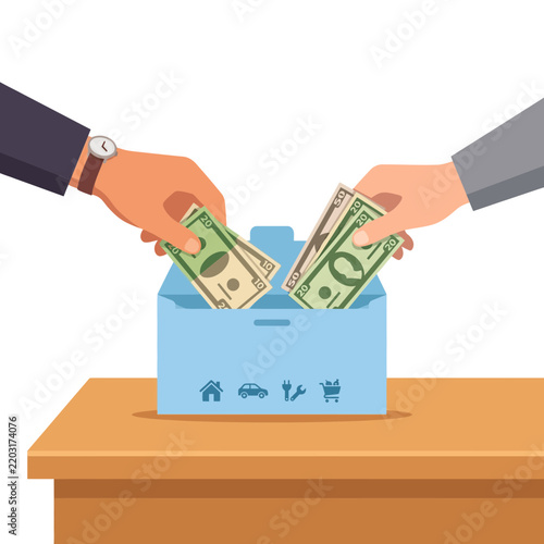 Hands putting money into a blue donation box for charitable funding and savings on a wooden table