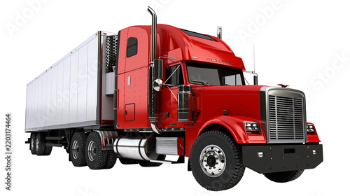 Fotografie Isolated modern red semi truck with long cargo trailer for freight transportatio