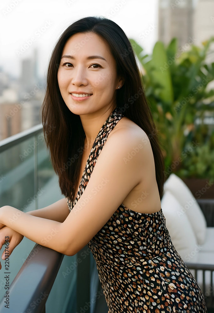 Fototapeta premium Work-life balance and urban lifestyle, happy asian woman relaxing on a city balcony during sunset for wellness and mental health in a modern apartment