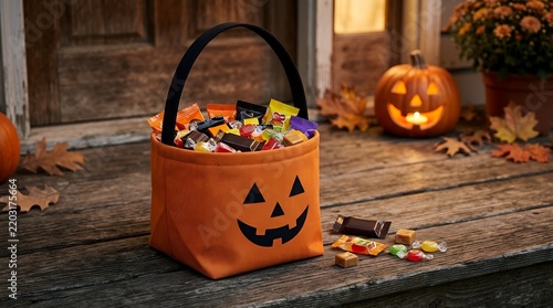 Halloween candy bag on wooden porch filled with assorted trick or treat sweets