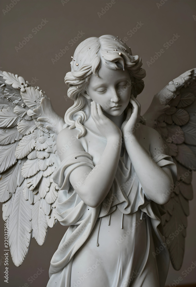 Obraz premium Grief and mourning concept, marble angel statue with hands on face expressing sorrow and loss in a cemetery or memorial setting for funeral services