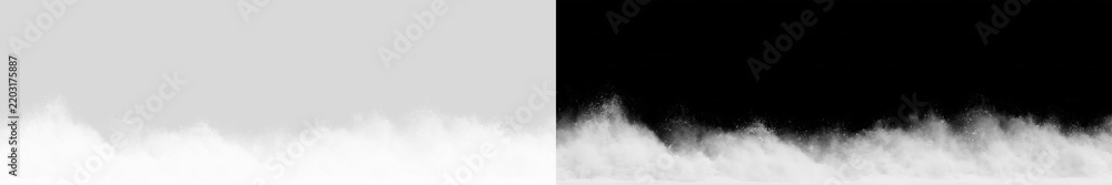 Obraz premium Blowing snow powder border and winter ground fog overlay. Drifting snowstorm mist and frost particles isolated on transparent PNG and black background.
