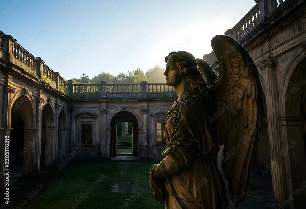 Fototapeta premium Heritage conservation and historical preservation, weathered angel statue in an abandoned courtyard with classical architecture and morning sunlight
