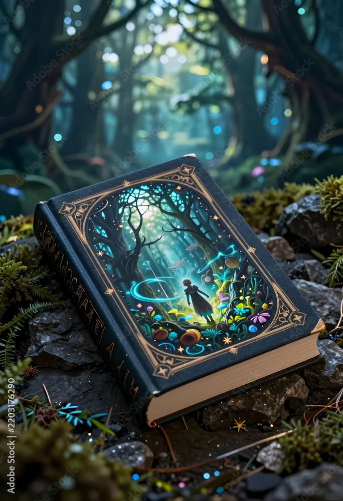 Obraz premium Imagination and storytelling concept, magical book with glowing forest illustration resting on mossy rocks in an enchanted woodland setting at twilight