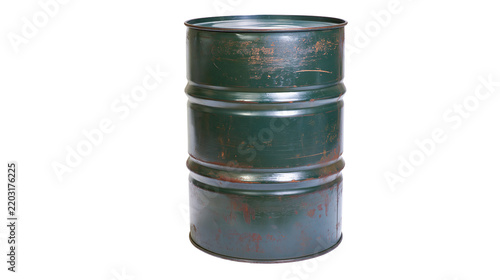 Isolated old weathered dark green industrial steel drum with rust and distressed texture