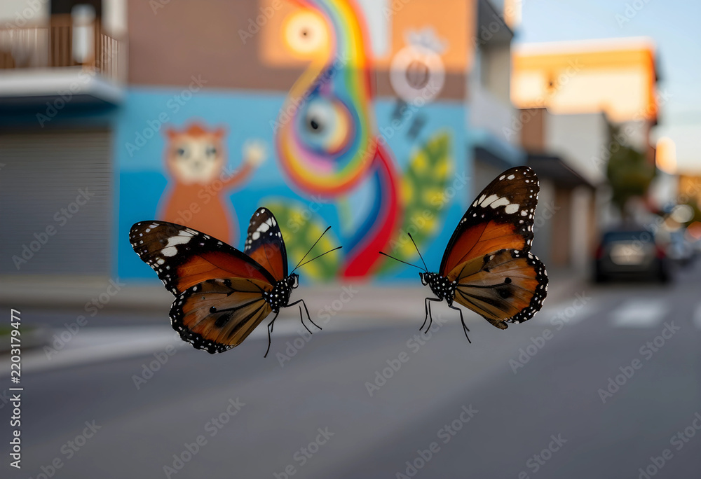 Obraz premium Transformation and metamorphosis concept, two monarch butterflies flying in urban environment with colorful mural background and soft focus street scene