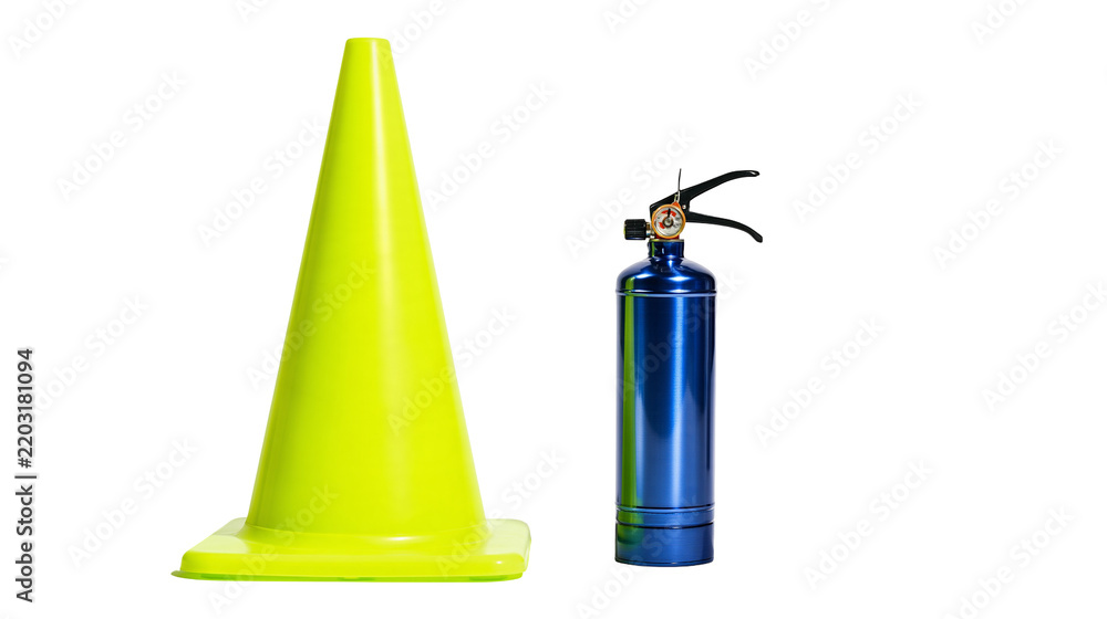 Obraz premium Isolated fluorescent yellow traffic cone and compact blue fire extinguisher for protection.