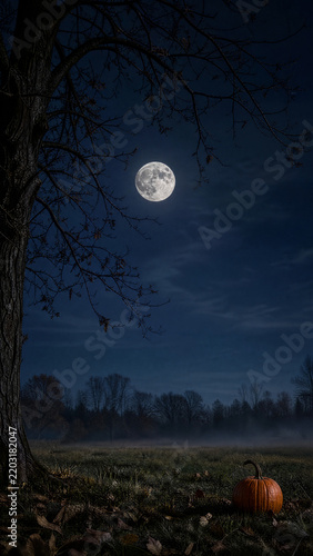 Moonlit Halloween Autumn Landscape With Bare Tree Branches and Minimal Pumpkin Designed as Vertical Mobile Wallpaper