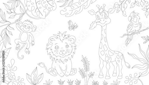 Black and white vector coloring page with a cute monkey, lion, giraffe and parrot surrounded by tropical leaves, plants and a butterfly