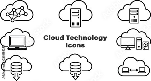 Bild auf Leinwand Collection of cloud technology icons featuring servers data and networking conce