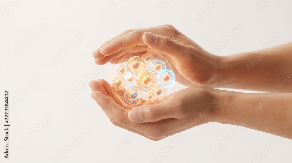 Obraz premium Human hands gently cradle glowing cells, representing life science and medical research