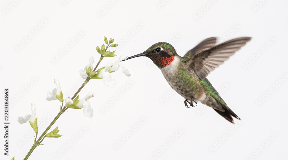 Fototapeta premium Ruby-throated hummingbird drinks nectar from delicate white flowers