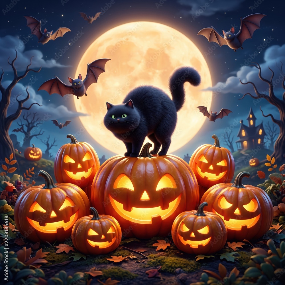 Fototapeta premium Cute black cat standing jack-o-lanterns pile, bats full moon haunted house, autumn leaves starry night. Halloween illustration theme
