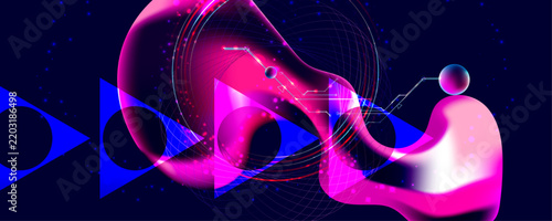 Dark retro futuristic glitch circle with blue and pink glows cyberpunk elements abstraction background cosmos synthwave vaporwave retrowave