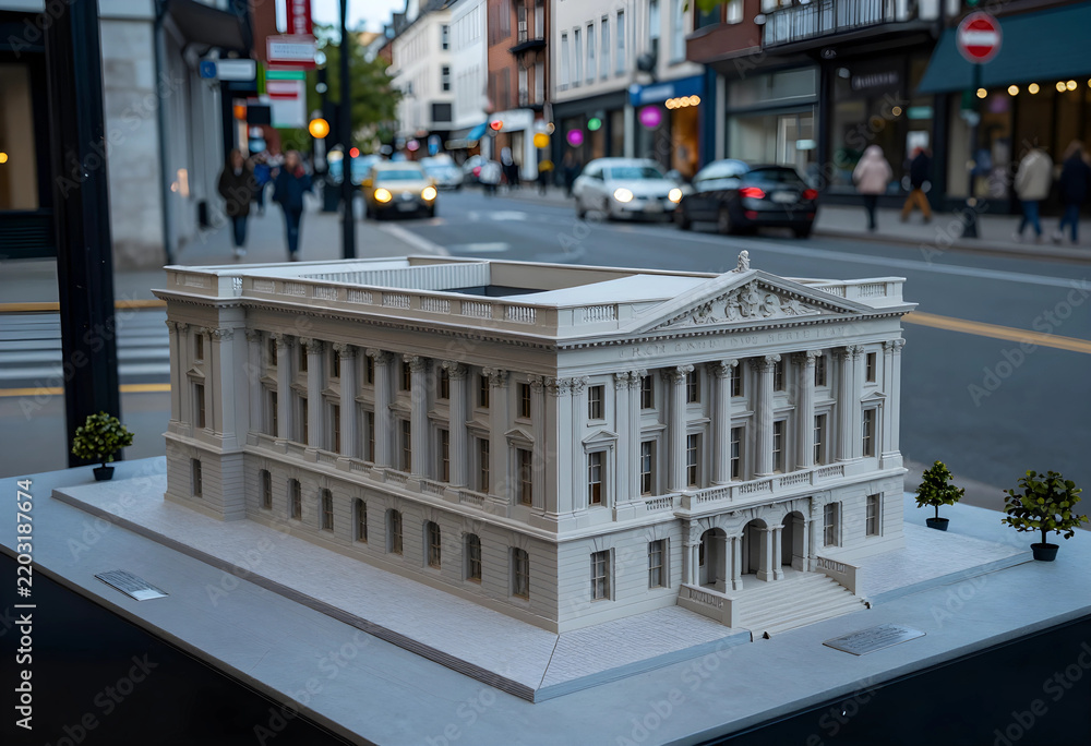Fototapeta premium Urban planning and architecture, miniature building model of a neoclassical government institution displayed on a city street for public consultation