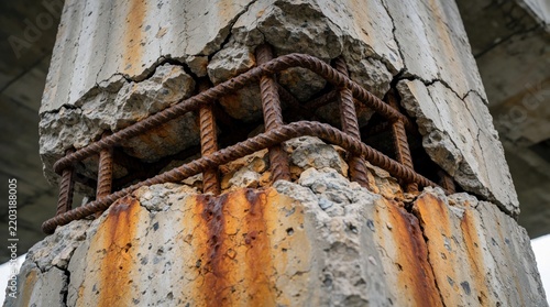 Close up of damaged concrete bridge pillar with exposed rusty rebar. Cracked cement shows structural decay, corrosion. Old construction column steel reinforcement due to aging, lack of maintenance.