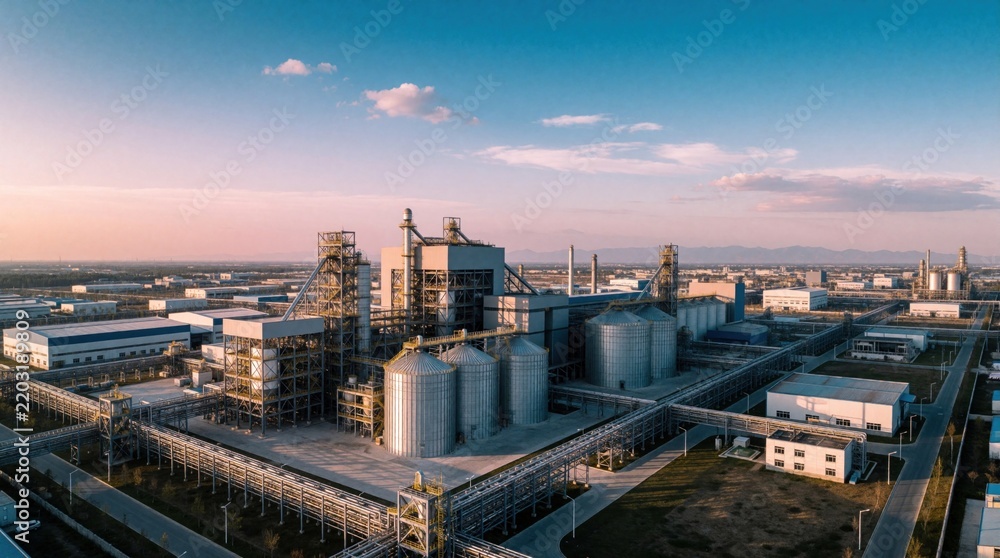 Fototapeta premium Aerial view of massive industrial factory complex at sunset. Large manufacturing plant with metal silos, pipes, warehouses, production buildings. Huge logistics zone for economic development, heavy