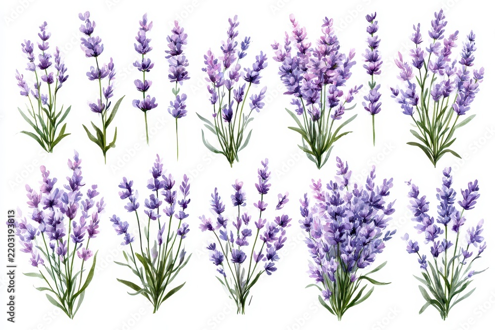 Fototapeta premium Collection of watercolor lavender sprigs and bouquets, purple floral elements and blooming lavender flowers isolated on white background