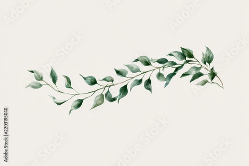 Watercolor illustration of a long green leafy vine branch