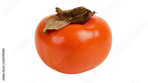 Isolated single ripe fresh persimmon fruit with dry calyx, vibrant orange color, healthy snack.