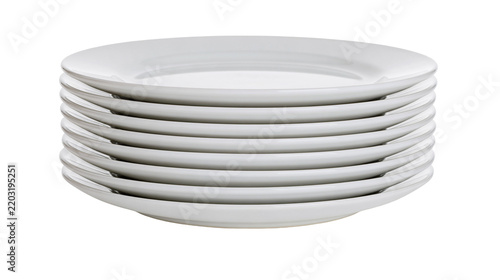 Isolated stack of clean white ceramic dinner plates for home kitchen or restaurant use