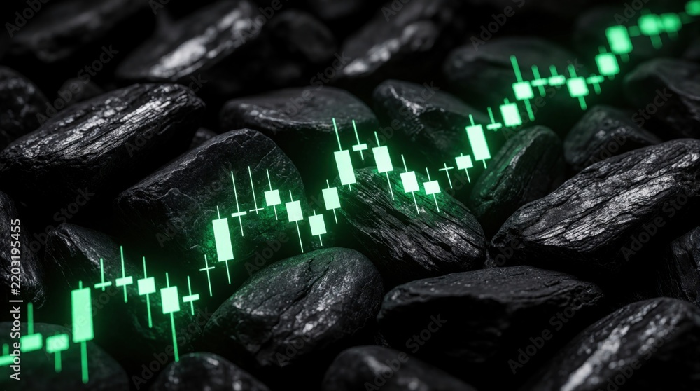Obraz premium Green candlestick chart grows over black coal rocks. Digital financial data shows stock market trend, economic progress. Glowing crypto trading graph rises above dark energy resources. Business
