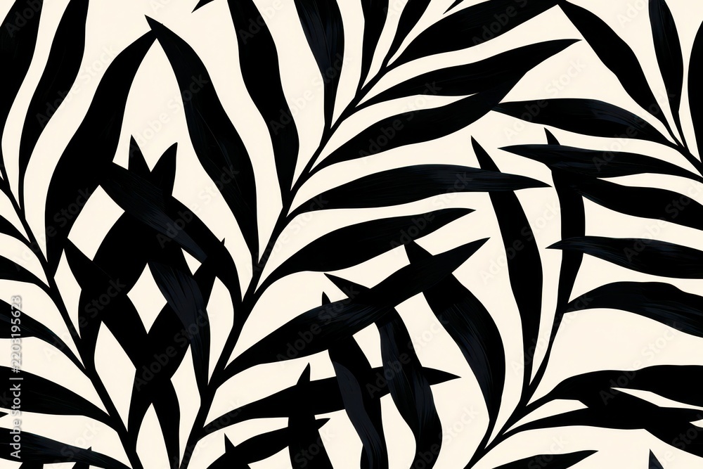 Obraz premium Seamless pattern with bold black tropical palm leaves on a light cream background, modern minimalist botanical design for interior decor and fashion