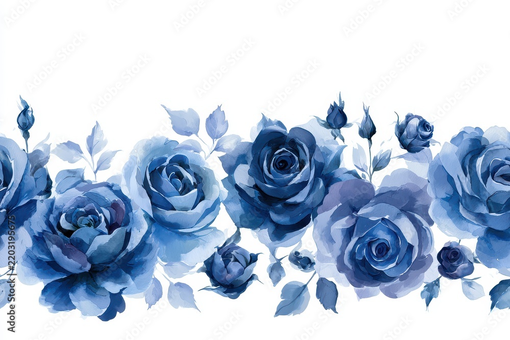 Obraz premium Watercolor blue roses flowers border isolated on white background