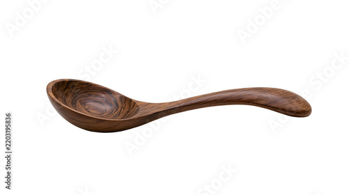 Isolated elegant curved wooden spoon with natural grain, handmade kitchen cooking utensil