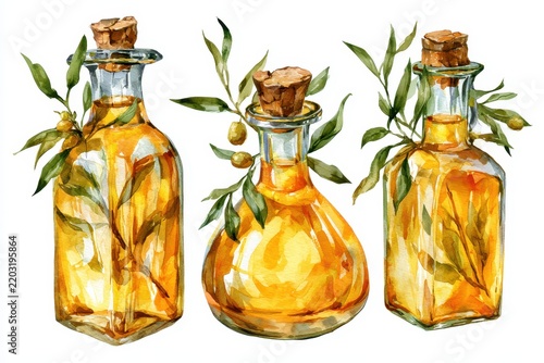 Set of watercolor glass bottles with olive oil and olive branches isolated on white background