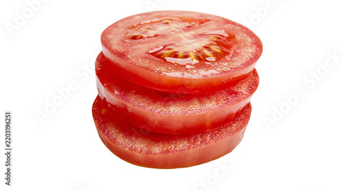 Isolated three fresh, ripe, red tomato slices neatly stacked, ideal for healthy eating and cooking