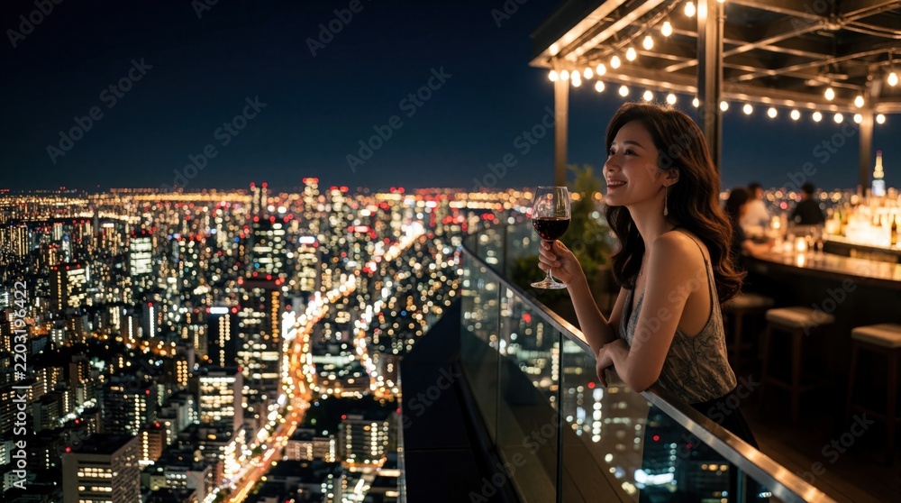 Fototapeta premium Elegant young woman drinks red wine at luxury rooftop bar at night. Smiles, admires sparkling city skyline view from terrace. Sophisticated female enjoying urban nightlife, metropolitan lights,