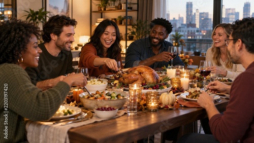 Friendsgiving Thanksgiving dinner with diverse young adults sharing roast turkey in a cozy city apartment, warm modern holiday gathering celebrating friendship, food, hospitality and togetherness