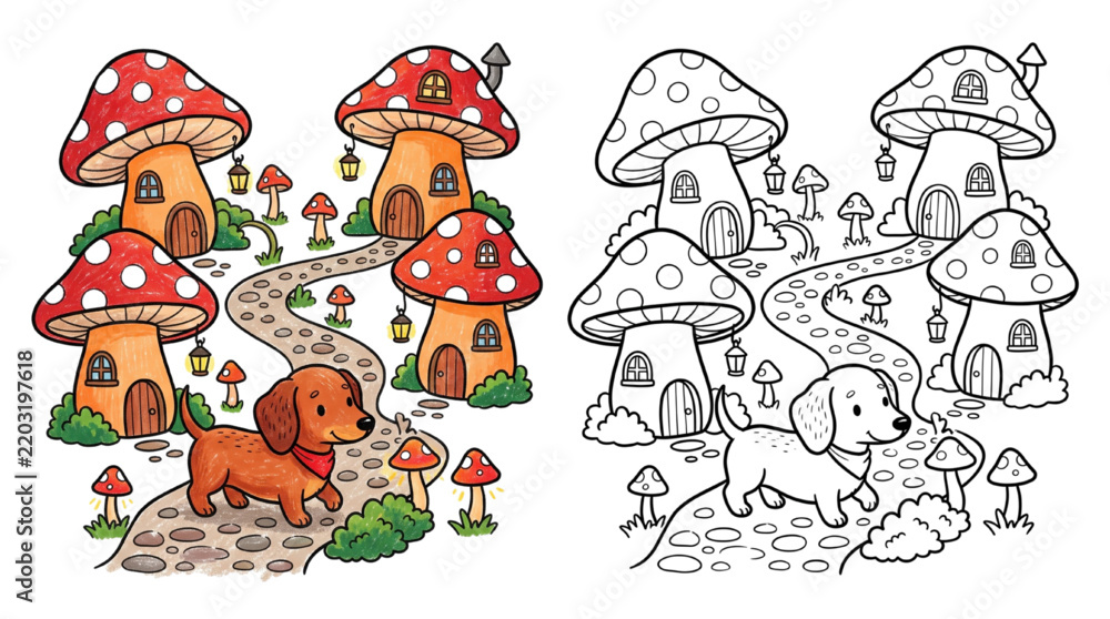 Fototapeta premium Cute Dachshund Puppy Exploring Whimsical Mushroom Village Children’s Coloring Book Illustration