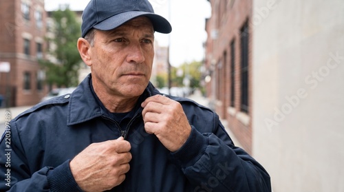 Officer zipping up jacket on city street, showing determination and focus. Officer prepares for duty in urban environment, wearing navy blue uniform and cap.