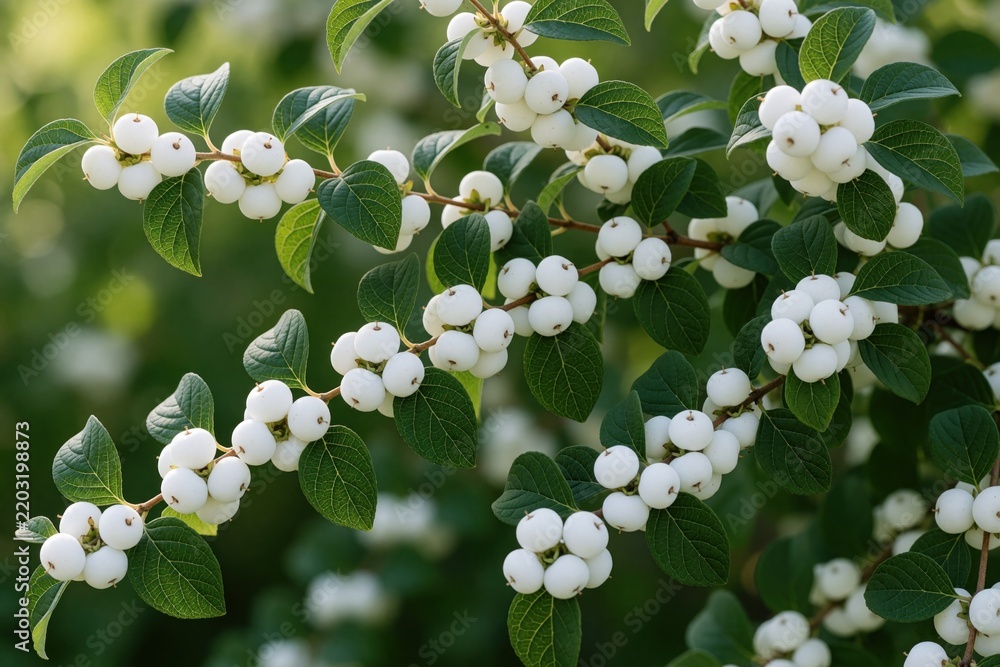 Fototapeta premium Close up of white snow berries on green leaves. Ripened Symphoricarpos albus branches grow in garden during autumn. Small round white fruits hang from deciduous shrub in natural daylight. Ornamental
