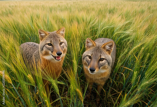 Wildlife conservation and biodiversity, two wild foxes standing in a green wheat field, nature photography of animals in their natural habitat environment