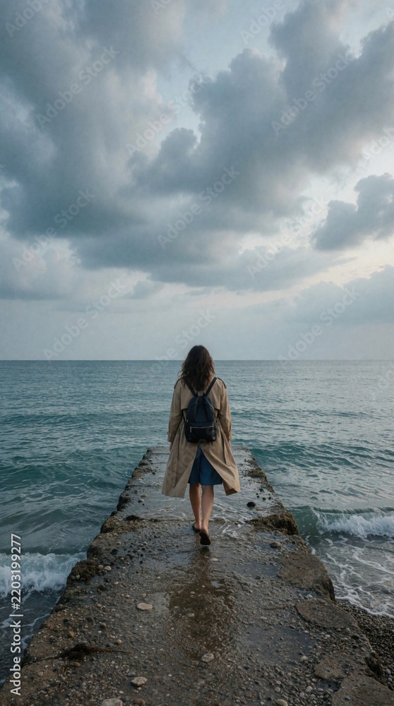 Fototapeta premium Back view of woman with backpack walks on concrete pier toward calm sea. Lone traveler explores ocean shore under cloudy sky. Peaceful atmosphere of solitude, freedom during solo trip to nature