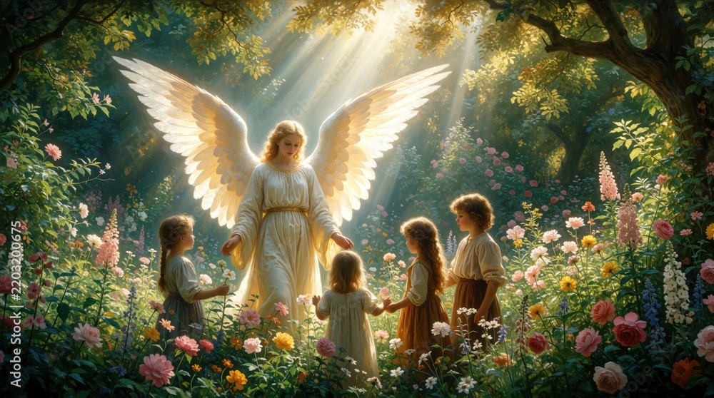 Obraz premium Divine angel with big white wings stands in sunny flower garden. Group of small children surround celestial guardian in blooming meadow. Ethereal light shines through trees on kids in fantasy