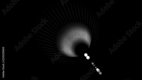 Abstract radial light flare effect with lens flare and bokeh on black background