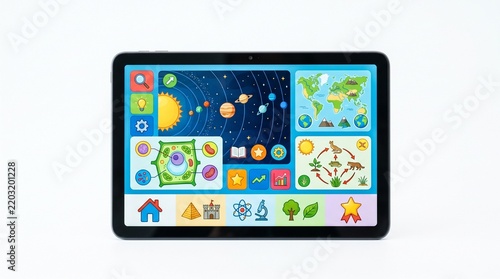 A tablet displaying educational apps with icons related to science, geography, and learning. The screen shows a solar system model, a world map, and various interactive elements.