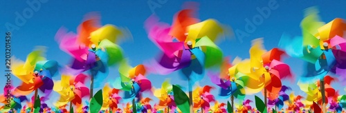 Colorful rainbow pinwheels spin fast in summer wind under clear blue sky. Many vibrant toy windmills rotate with motion blur in bright sunny weather. Playful multi colored wind spinners create
